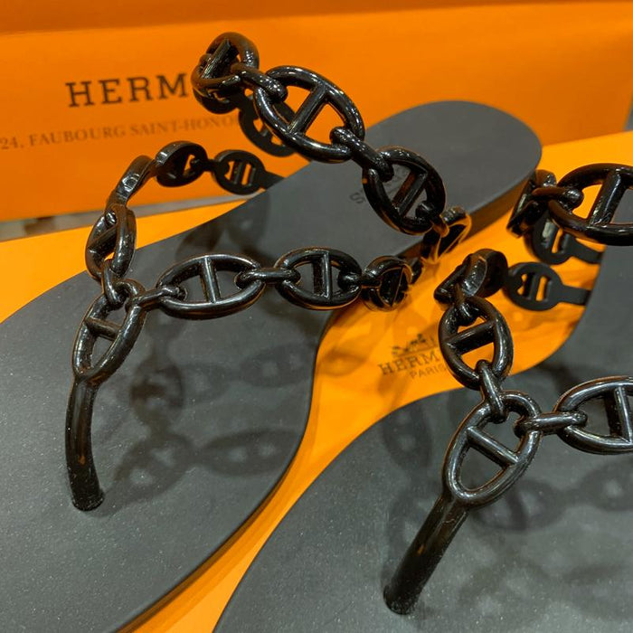 HERMES Black Chaine d’Ancre Twist Island Leather Sandals