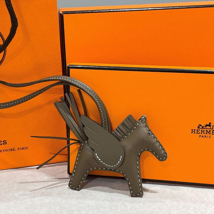 HERMES Rodeo Pegasus PM Charm Etoupe White Stitch Calfskin Lambskin Keyring