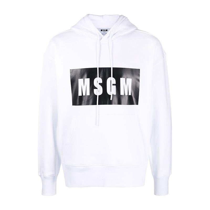 MSGM Box Logo Hoodie White Men's Pullover Sweatshirt