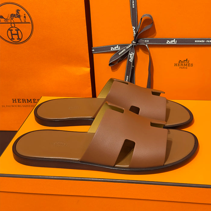 HERMES Izmir Slippers Calfskin Gold Brown Men's Sandals