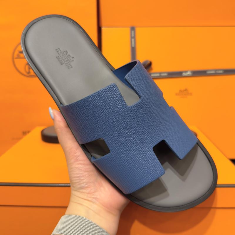 HERMES Izmir Sandals Calfskin Epsom Blue Gray Two-Tone Slides Men