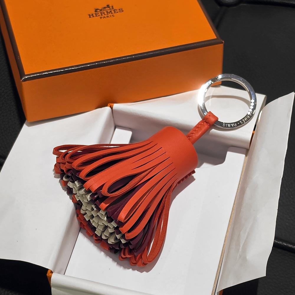 HERMES Tricolor Red Burgundy Ivory Carmen Tassel Keychain Keyring