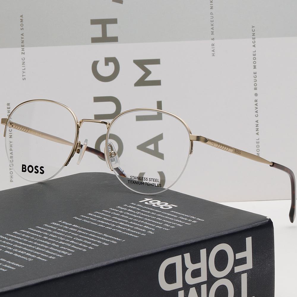 HUGO BOSS Titanium Semi-Rimless Round Eyeglass Frames Gold Stainles BOSS1448 J5G