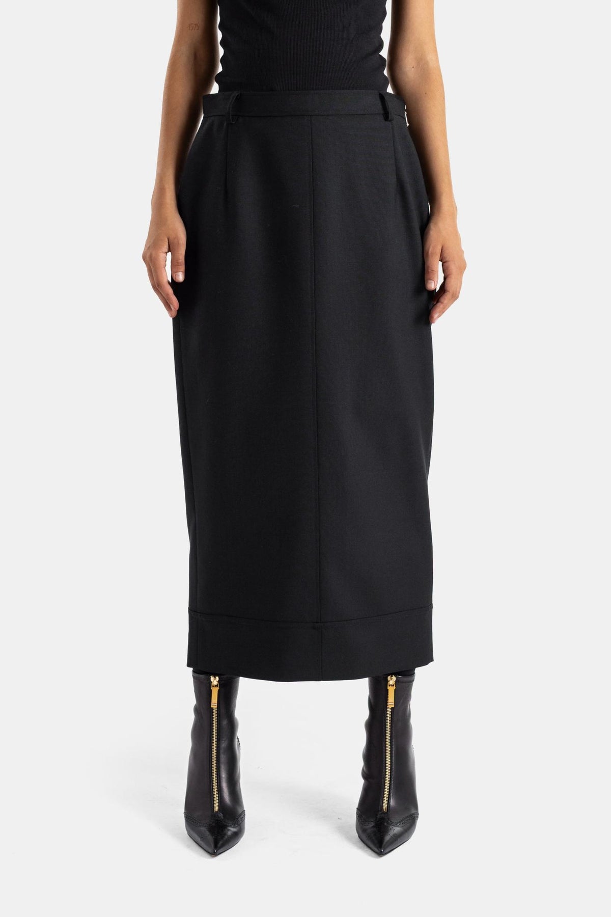 THOM BROWNE Long Skirt Black Wool Pleated Midi Skirt