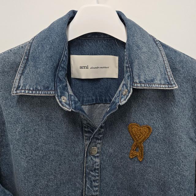 AMI Blue Cotton Oversized Denim Shirt with Heart Logo UJK897 DE0046 480