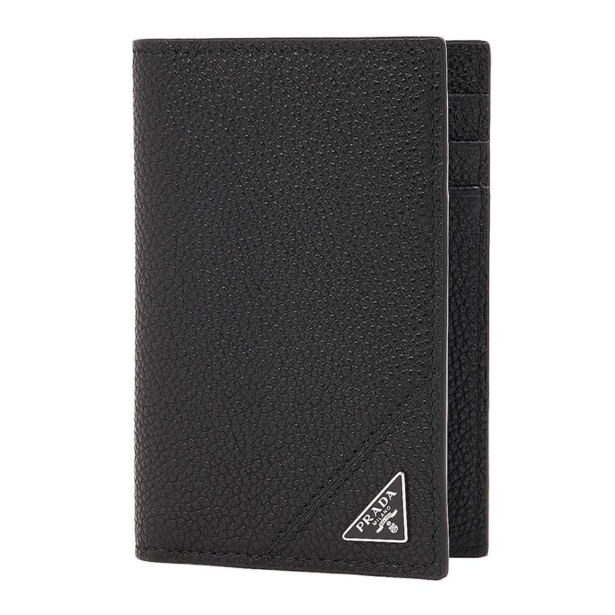 PRADA Vitello Leather Triangle Logo Card Holder Black