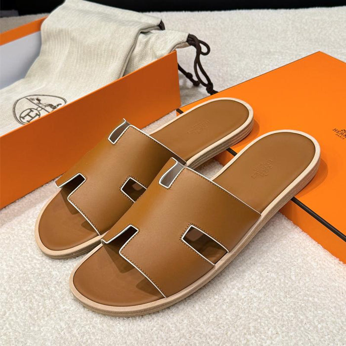 HERMES Izmir Sandals Calfskin Brown with White Accent Men’s