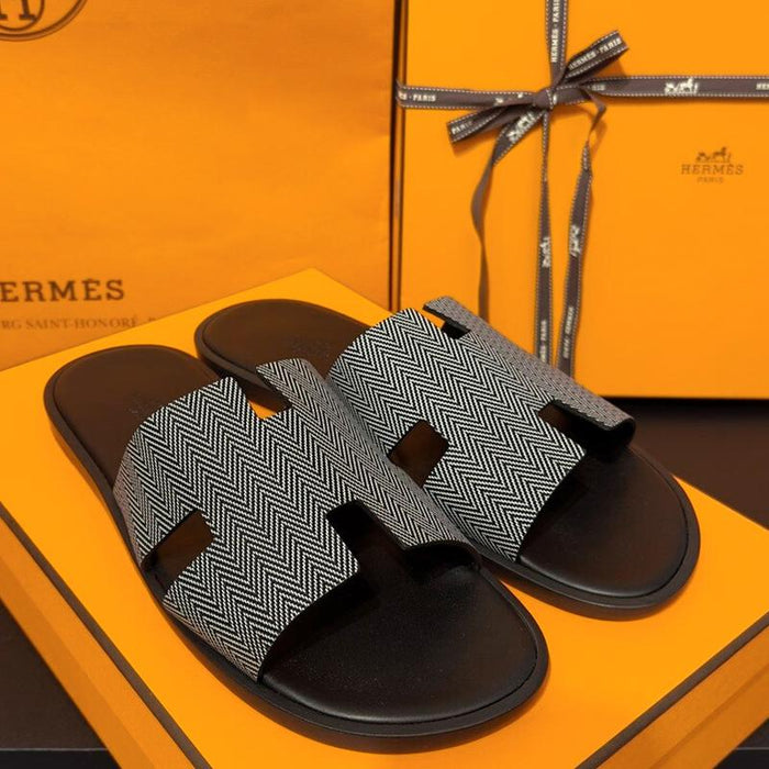 HERMES Izmir Chevron Calfskin Black Sandals for Men