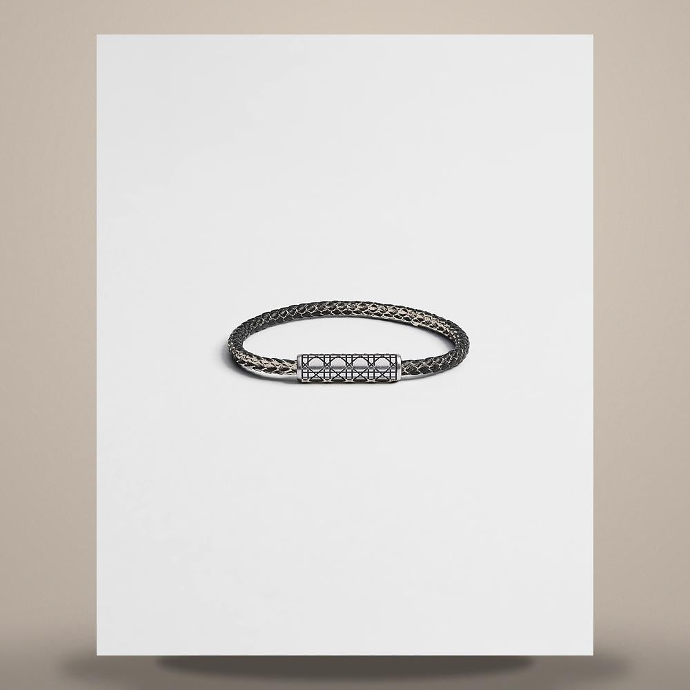 DIOR Cannage Woven Leather Bracelet Black Calfskin Silver Brass B3384HOMLE D004