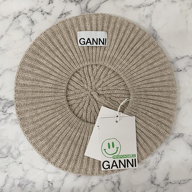 GANNI Logo Label Loose Wool Rib Knit Beret