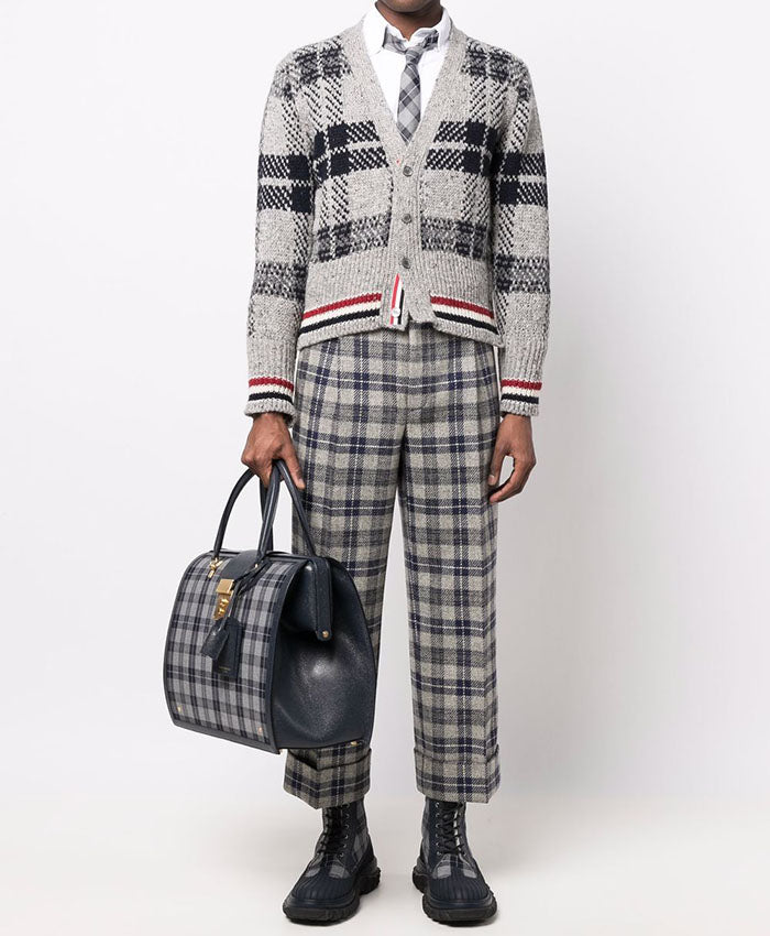 THOM BROWNE Men's Tartan Check Mohair Tricolor Stripe Cardigan MKC431A