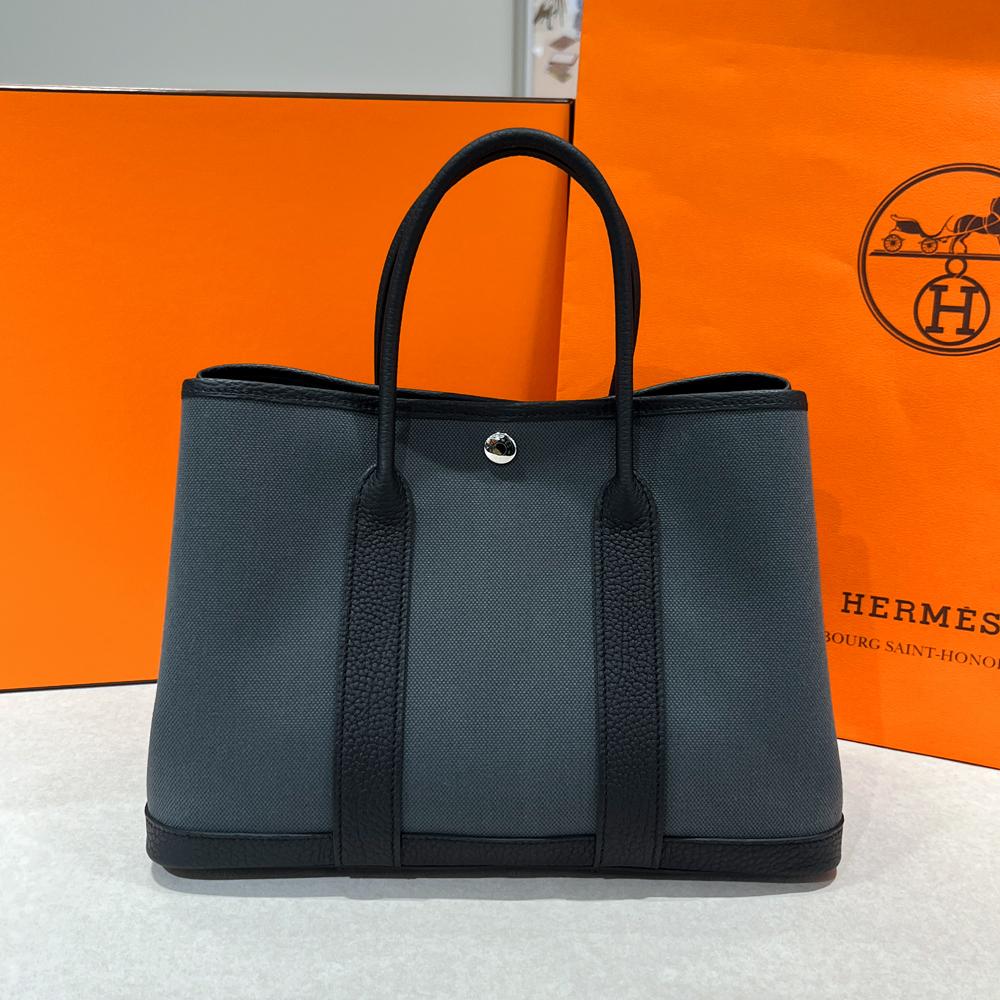 HERMES Garden Party Negonda Canvas 30 Ardoise Noir Black Palladium Tote