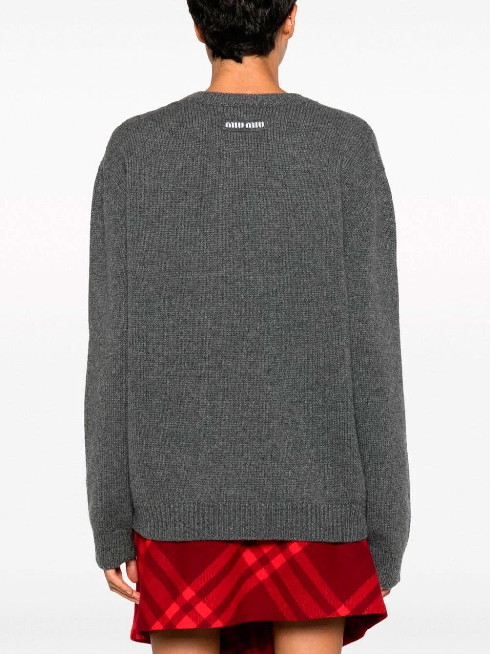 Miu Miu Back Logo Cashmere Crewneck Sweater Gray