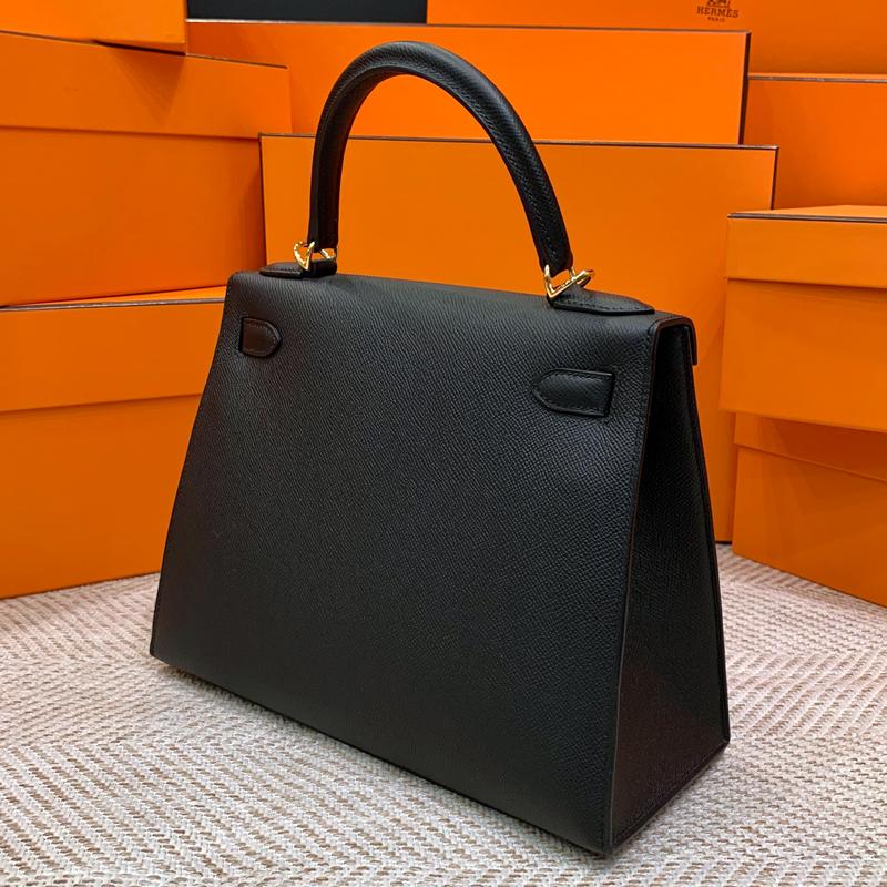 HERMES Kelly 28 Epsom Leather Tote Bag Black Gold Hardware