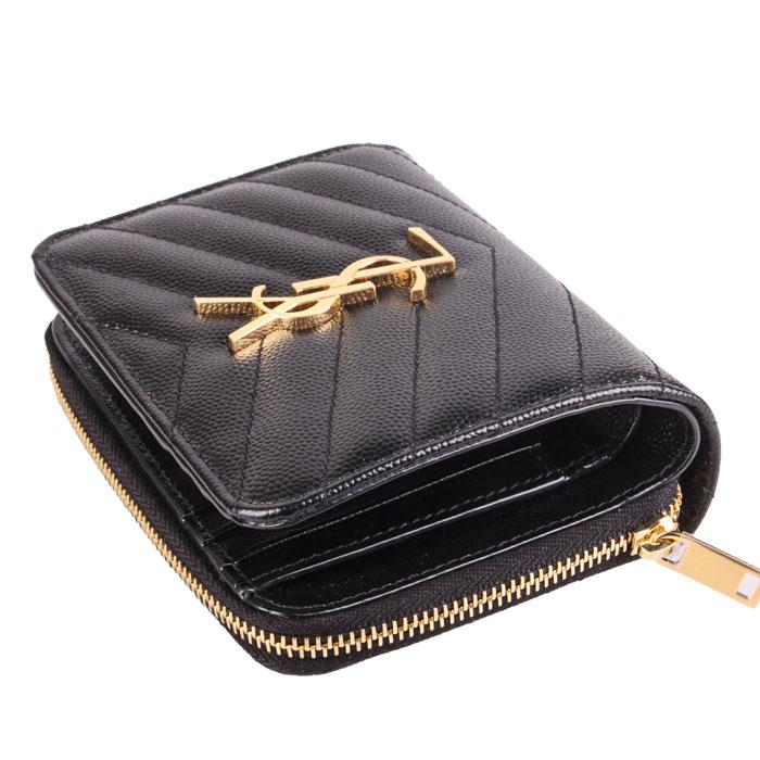 Saint Laurent Gold YSL Matelassé Zip Compact Wallet Black