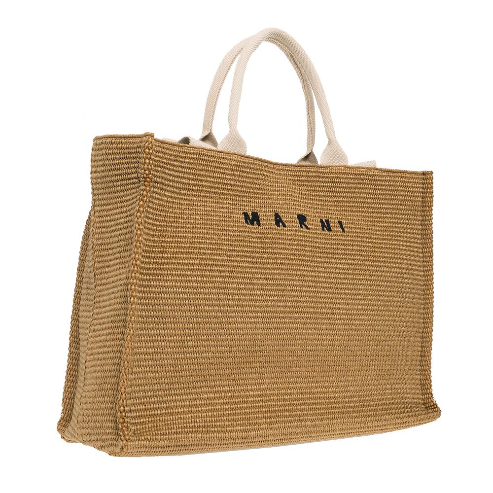 Marni Raffia Tote Bag with Embroidered Logo, Natural Beige