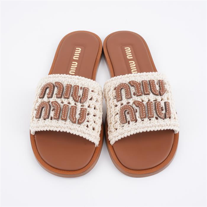 Miu Miu Cotton Crochet Leather Slide Sandals