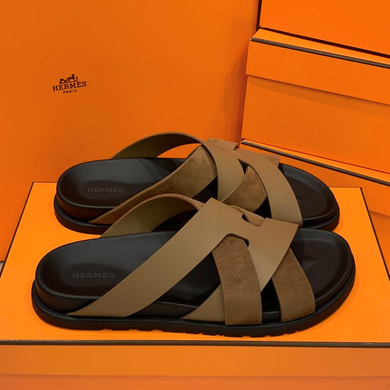 HERMES Men’s Casimir Slippers Calfskin Suede Brown