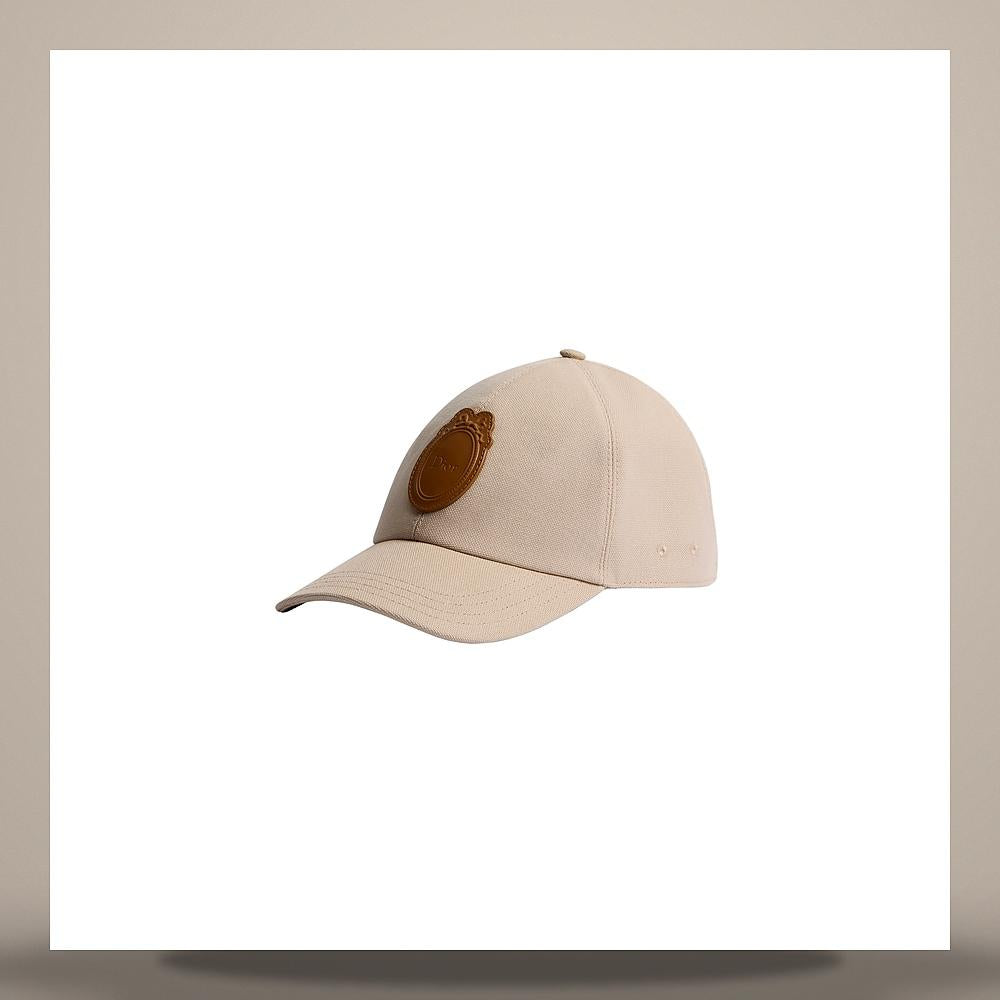 DIOR Beige Cotton Canvas Cap with Brown Calfskin Medallion Deco CPC00200ECLMC101