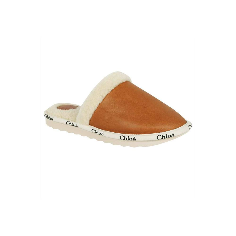 Chloe Woody Logo Trim Faux Fur Backless Loafers Camel Brown