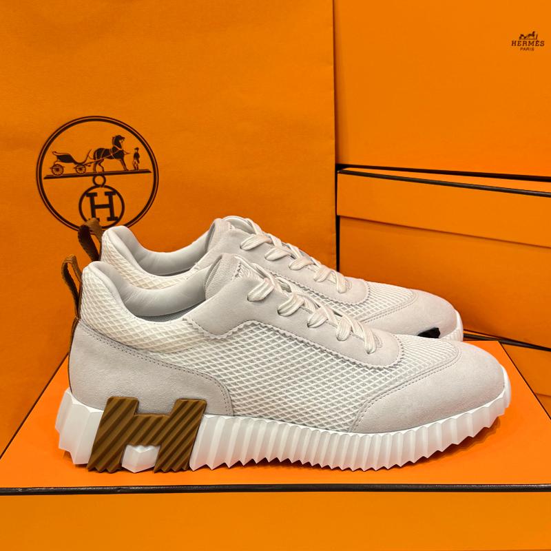 HERMES White Mesh H Brown Black Low Top Sneakers