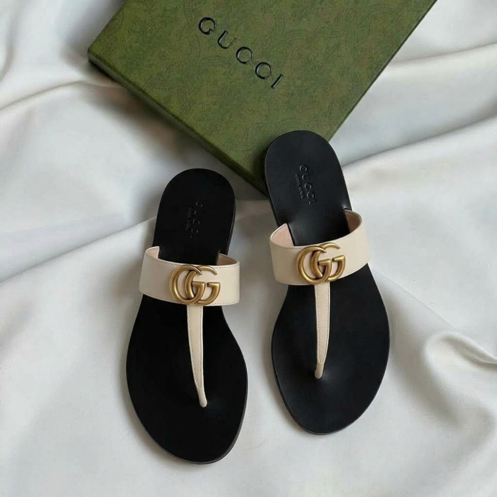 GUCCI GG Marmont T-Strap Leather Sandals Women White