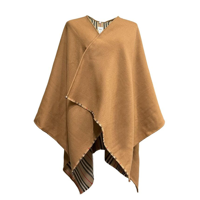 BURBERRY Icon Stripe Wool Reversible Cape Poncho Brown