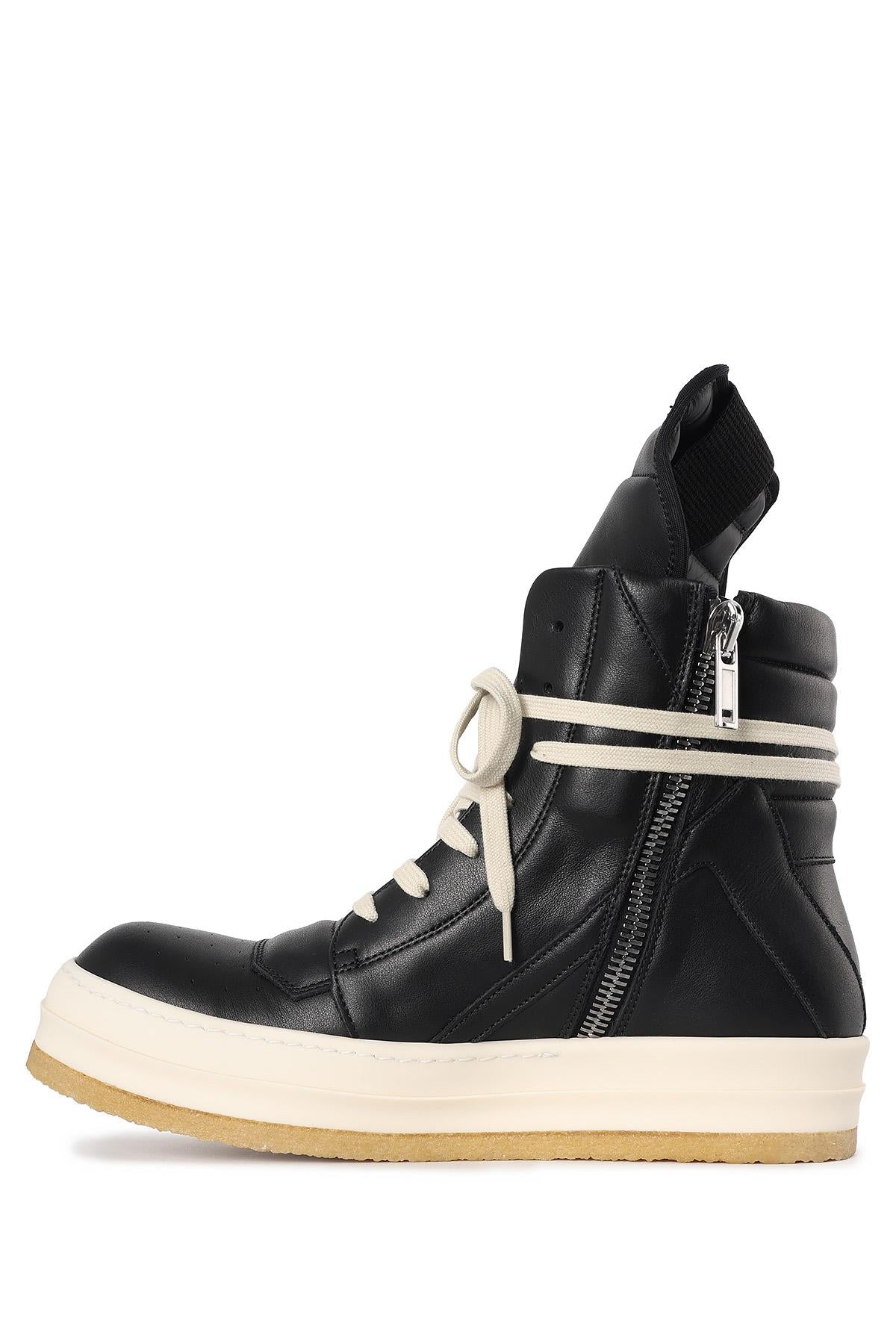 Rick Owens Black Milk Leather Geobasket High-Top Sneakers