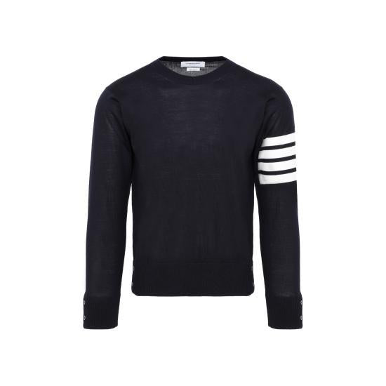 THOM BROWNE Navy Merino Wool Armband Stripe Crewneck Sweater