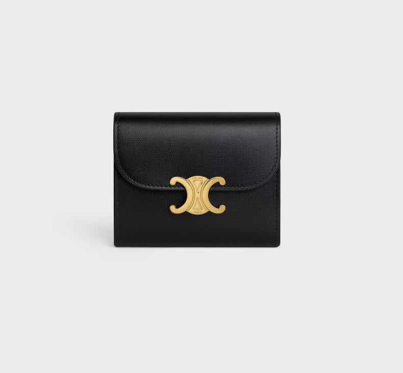 CELINE Triomphe Shiny Calfskin Small Flap Wallet Black
