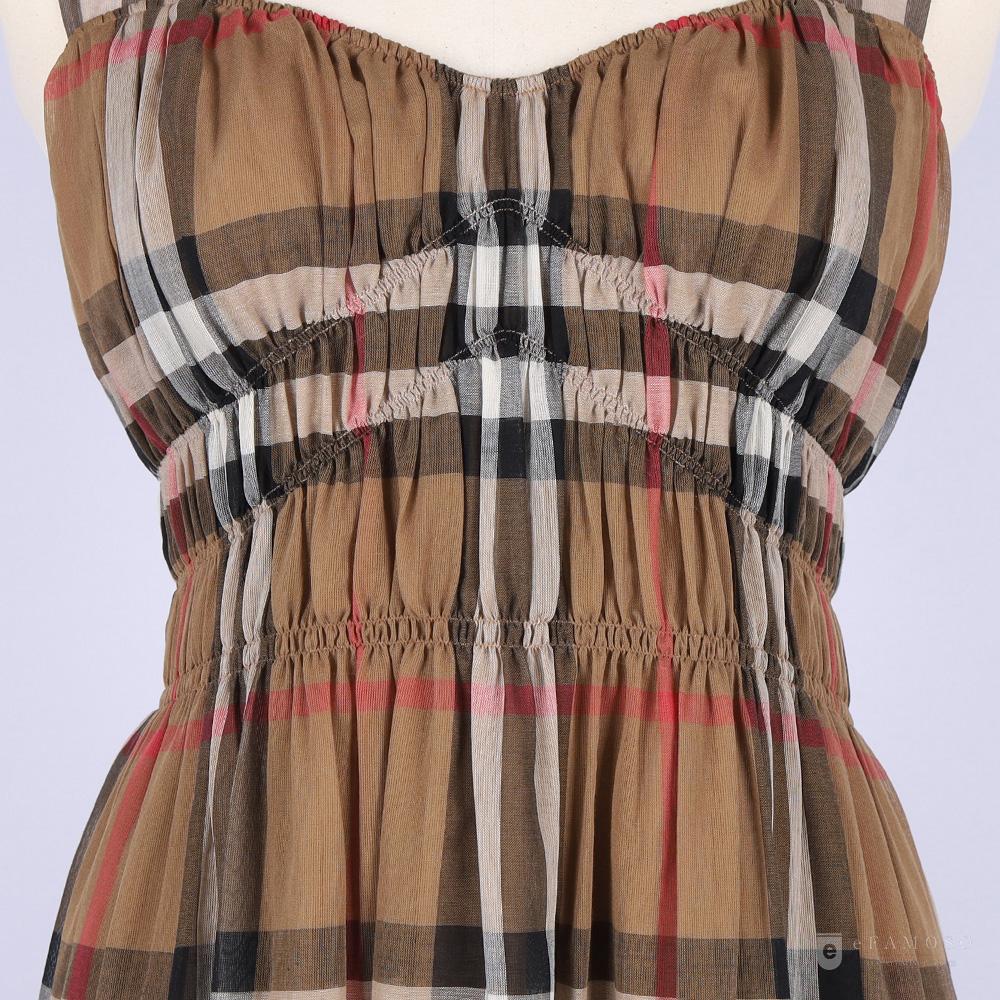 BURBERRY Dalia House Check Ruched Sleeveless Midi Dress Brown