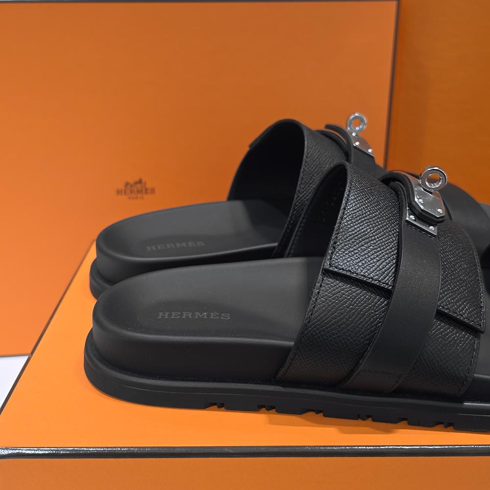 HERMES Men’s Jackson Slides Epsom Calfskin Black Silver-Tone Hardware