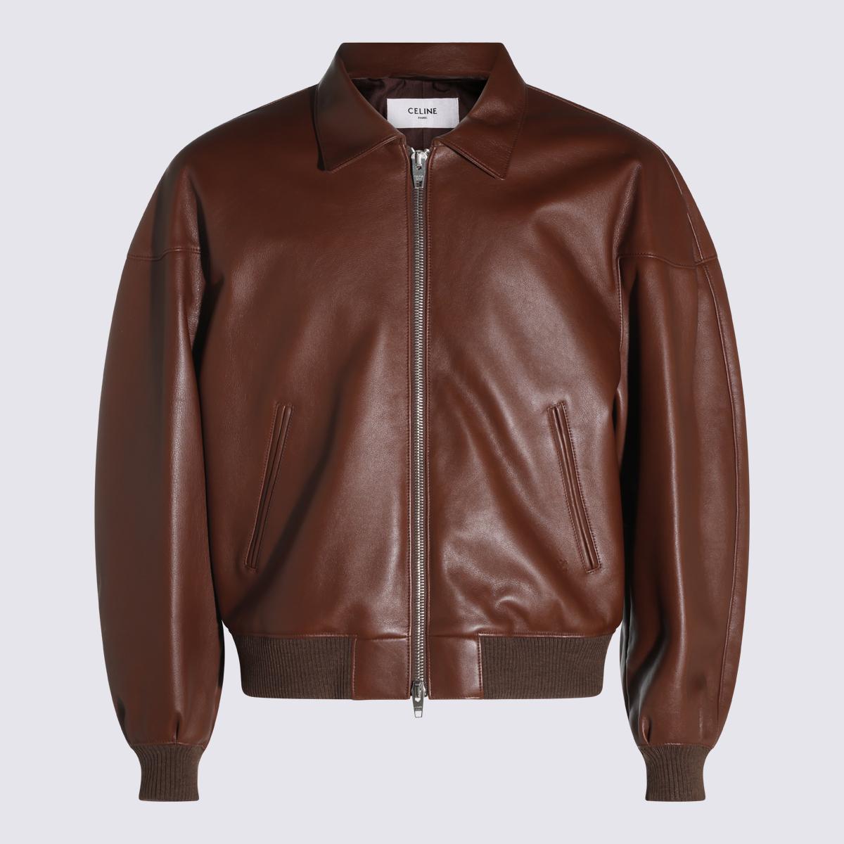 CELINE Brown Leather Bomber Jacket for Men