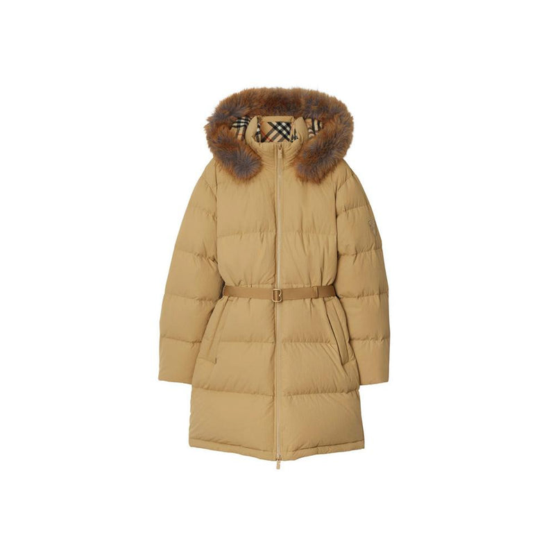 BURBERRY Logo Patch Belted Faux Fur Puffer Jacket Sand 8097992