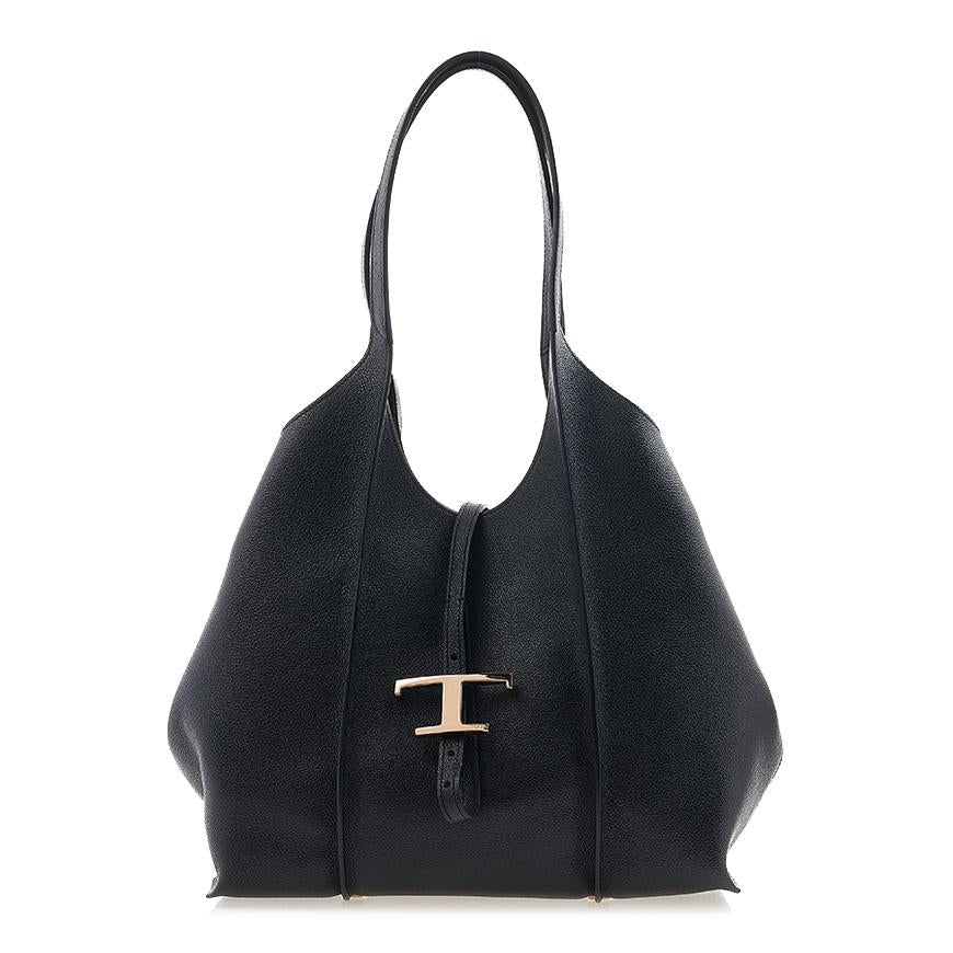 Tods Timeless T Shopper Tote Bag Black Leather Women