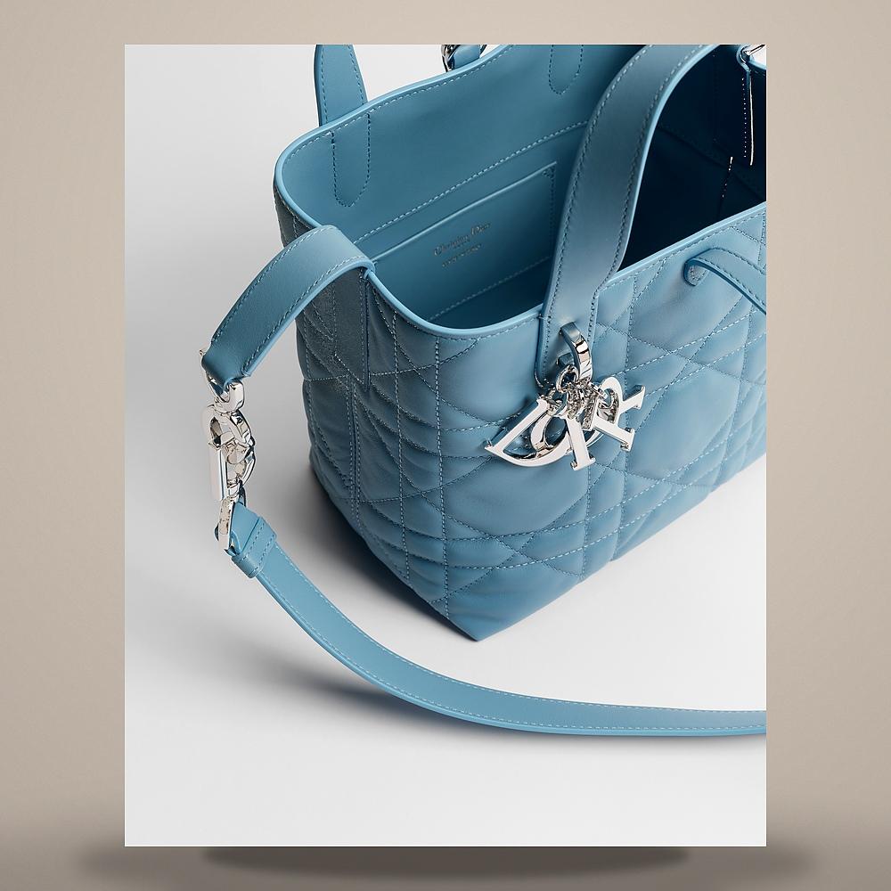 DIOR Small Toujours Vertical Tote Bag Myosotis Blue Macro Cannage Calfskin