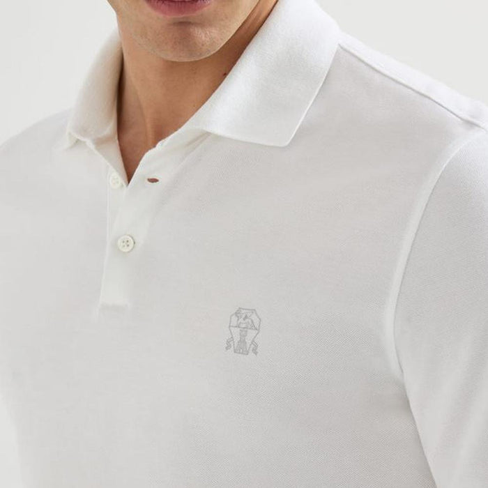 Brunello Cucinelli Light White Embroidered Logo Polo Shirt for Men