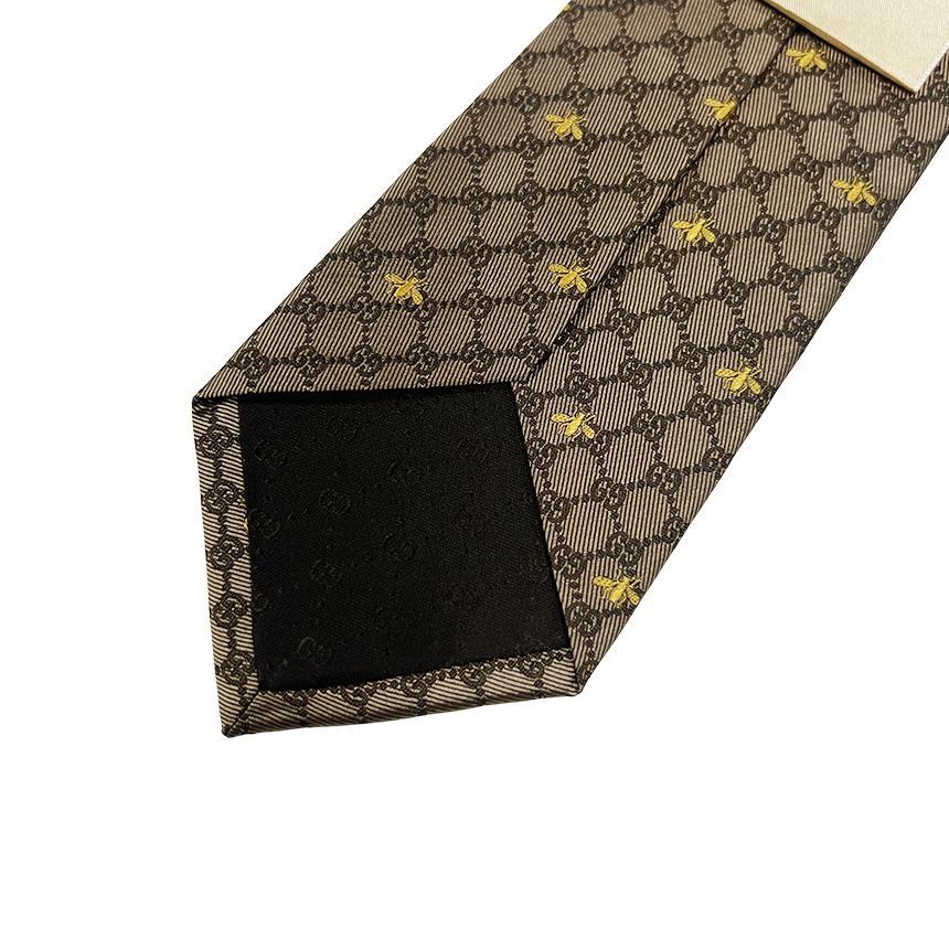 GUCCI GG Bee Pattern Beige Silk Tie