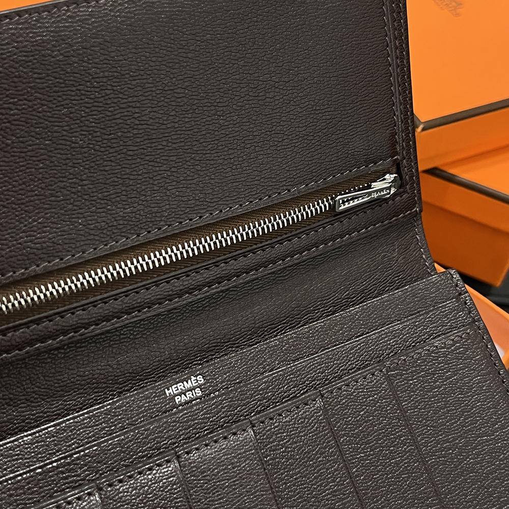 HERMES Deep Brown Shiny Alligator Long Wallet Silver Hardware