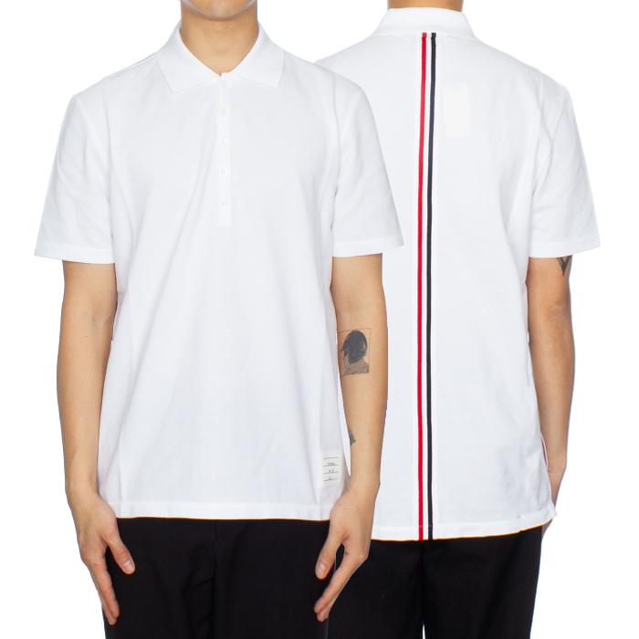 THOM BROWNE Men’s Relaxed Fit Polo Shirt White Three-Stripe Back