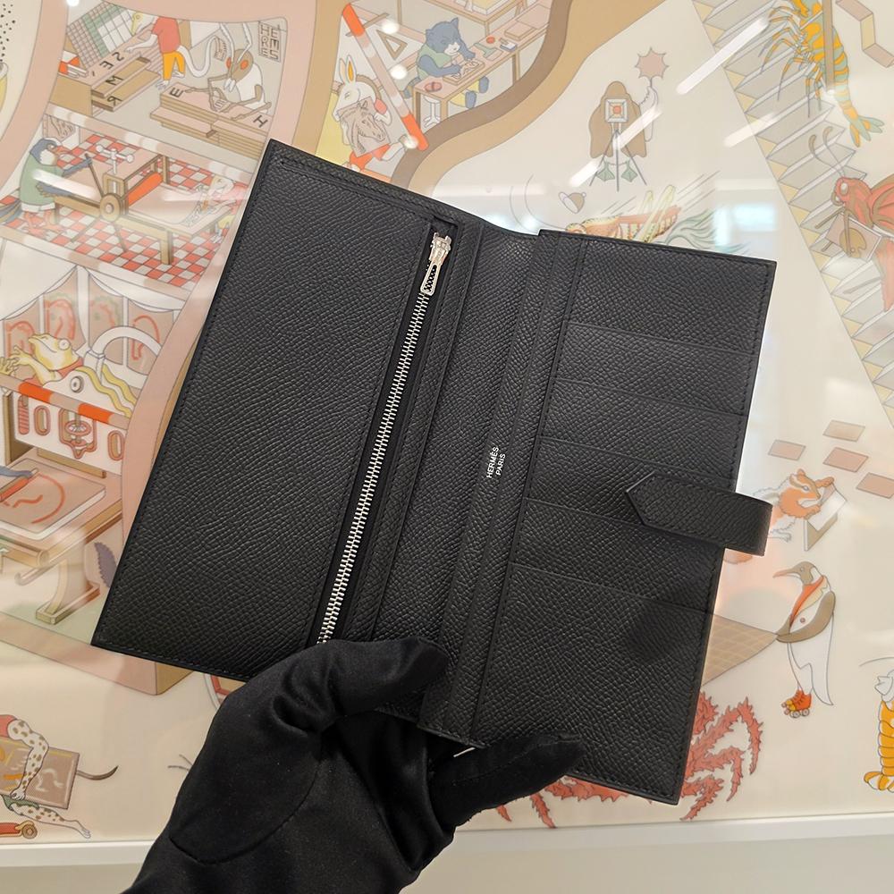 HERMES Epsom Leather Bearn Long Wallet Black Palladium Hardware