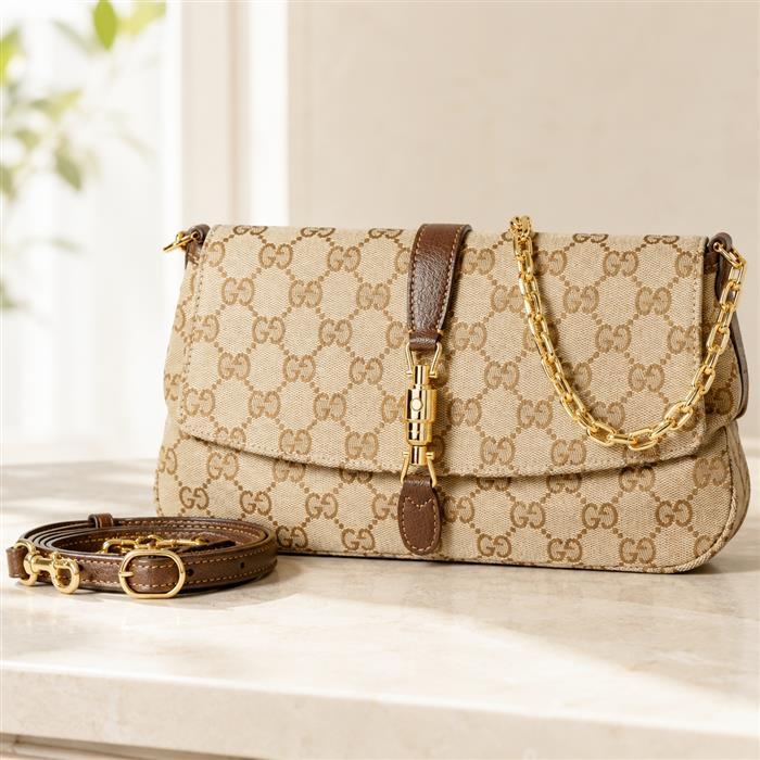 GUCCI Aperitivo Medium Shoulder Bag Beige Canvas Leather Trim