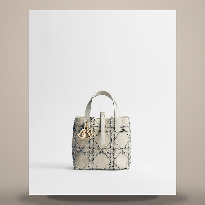DIOR Beige Blue Macro Cannage Cotton Bouclé Toujours Vertical Small Tote