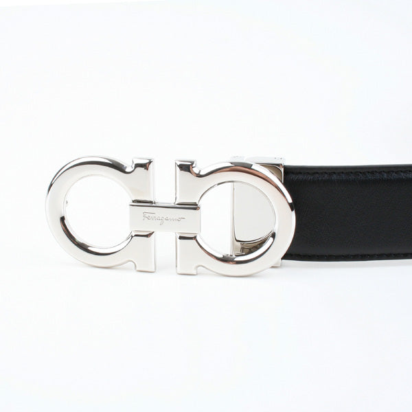 Ferragamo Men's Double Gancini Reversible Belt with Ruthenium Finish 35mm