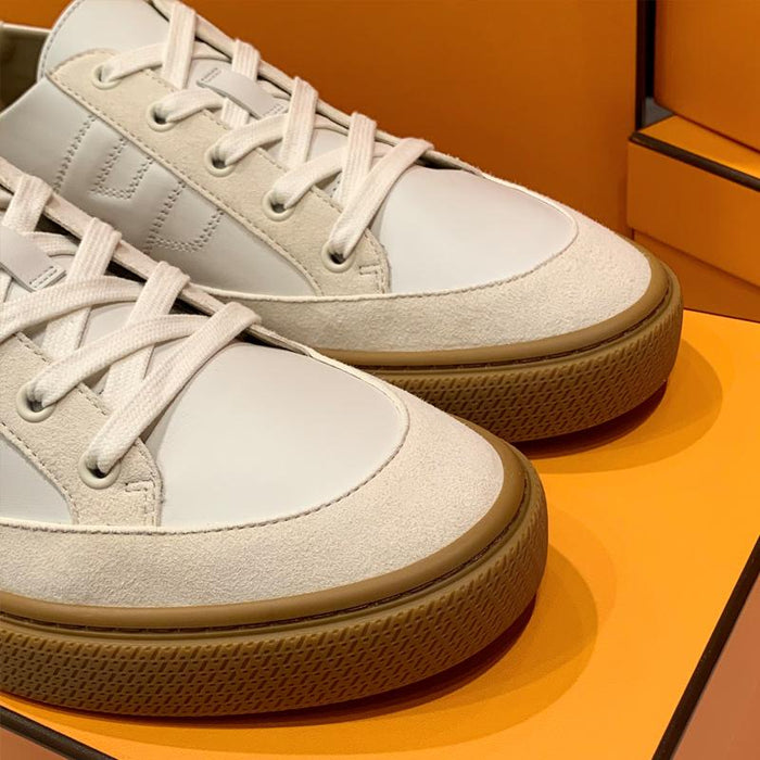 HERMES Men’s Deep Sneakers White Beige Canvas Calfskin Low Top