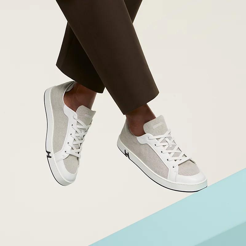 HERMES Brown Canvas Goatskin H Logo Kid Low Top Sneakers