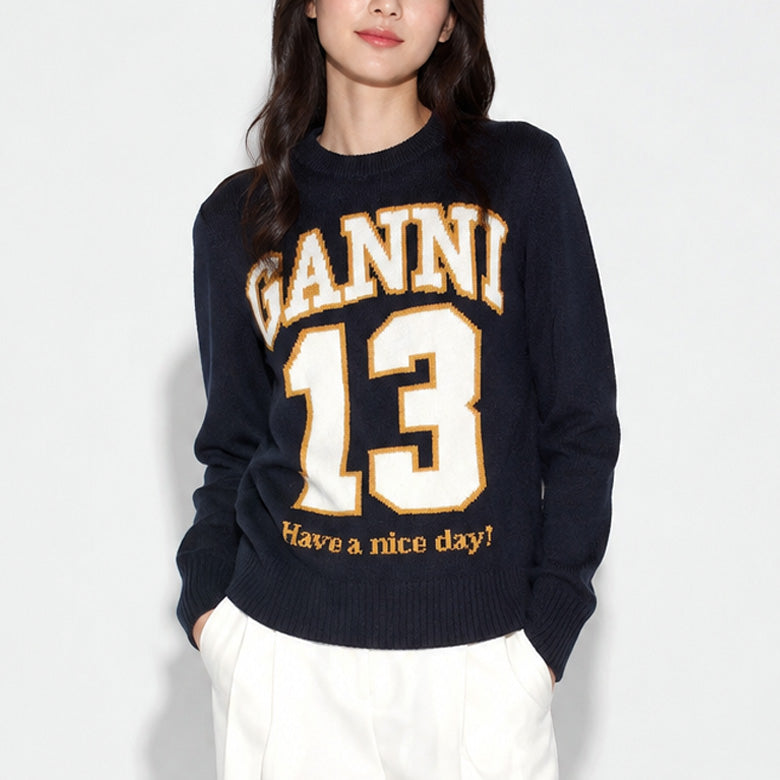 GANNI Jacquard Wool Crewneck Sweater