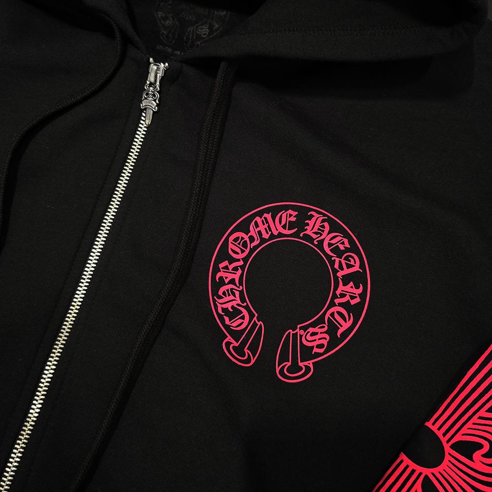 Chrome Hearts Pink Horseshoe Fleece Zip Hoodie Black Unisex