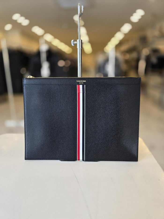 THOM BROWNE Black Tricolor Stripe Medium Leather Document Pouc MAC054A 00198 001