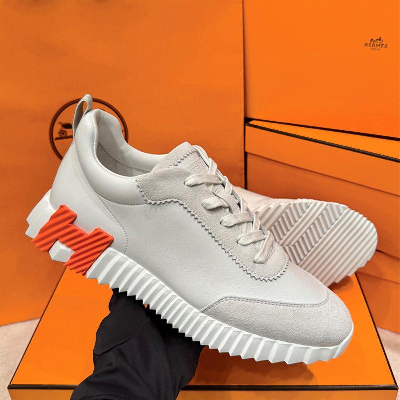 HERMES Men’s Bouncing Sneakers Calf Goatskin Suede White Orange